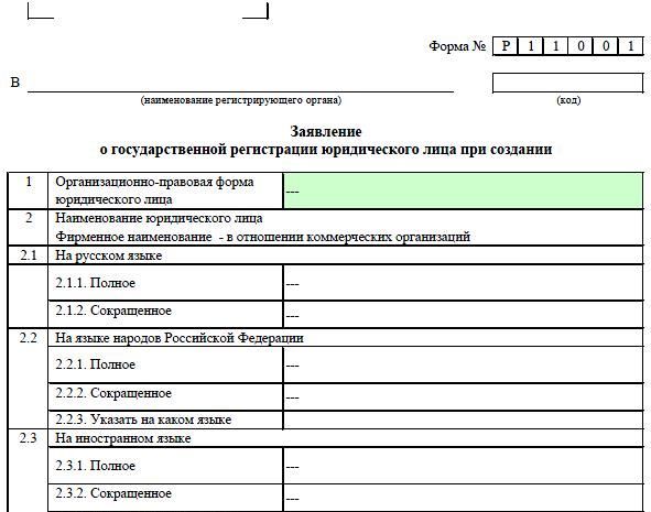 Образец заявление о государственной регистрации юридического лица образец